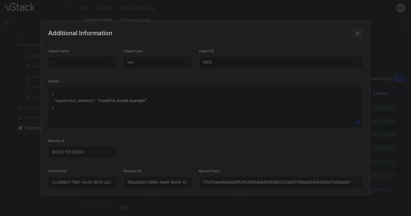 Карточка Additional Information: поля объекта, Details, Remote IP, Event UUID, Request ID и Record Hash