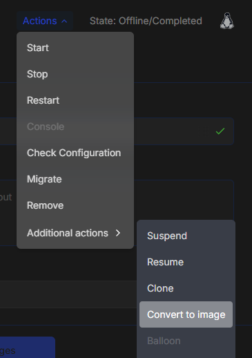 Меню Actions карточки ВМ: в подменю Additional actions выделен пункт Convert to image