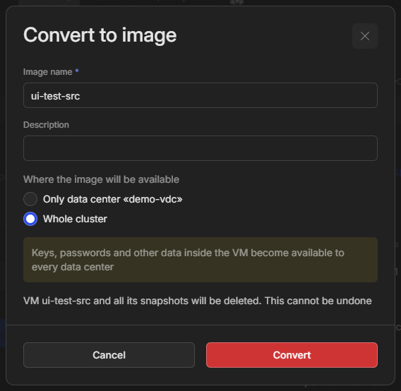 Форма Convert to image с выбранным Whole cluster и предупреждением о данных внутри ВМ
