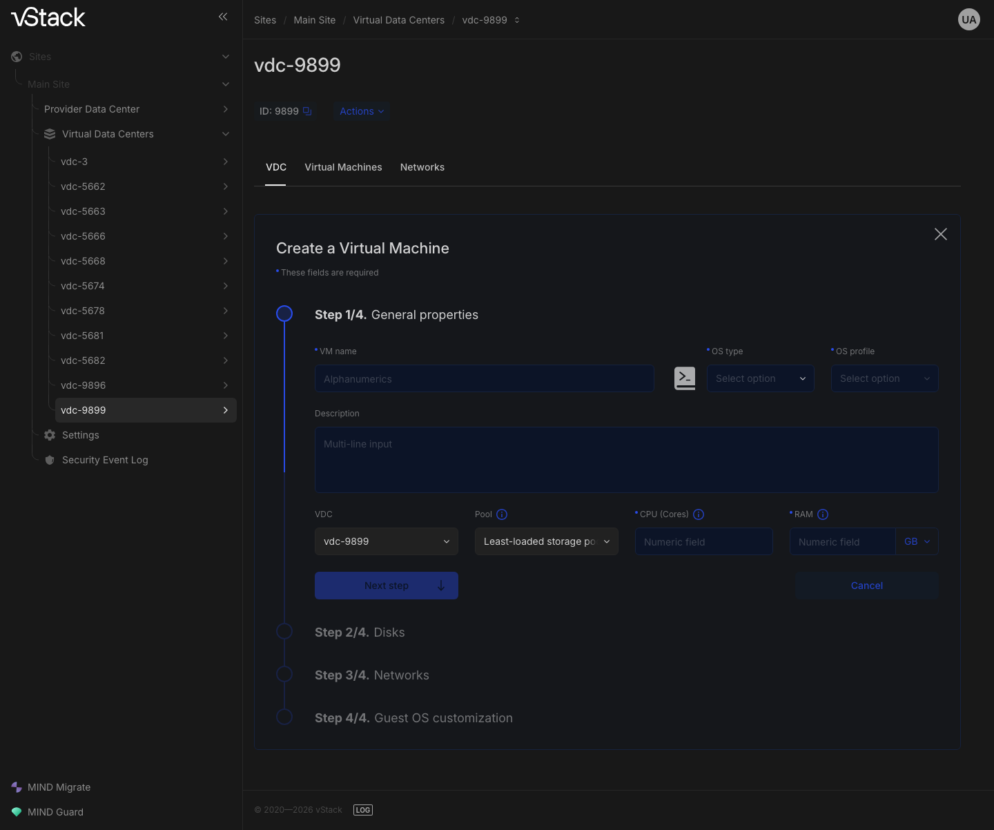 Визард создания ВМ, шаг 1/4 General properties: поля VM name, OS type, OS profile, VDC, Pool со значением Least-loaded storage pool, CPU (Cores) и RAM; ниже — шаги Disks, Networks и Guest OS customization