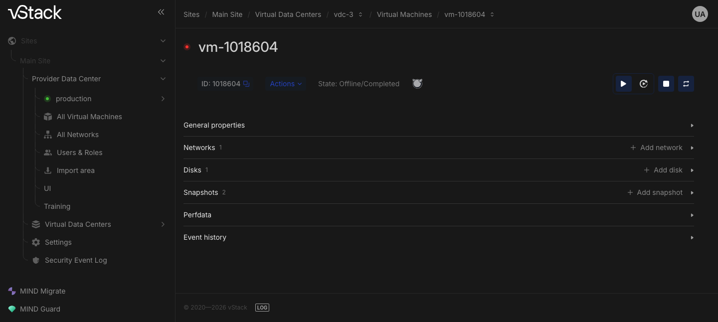 Карточка ВМ: идентификатор, меню Actions, поле State со значением Offline/Completed, кнопки питания и свёрнутые блоки General properties, Networks, Disks, Snapshots, Perfdata и Event history