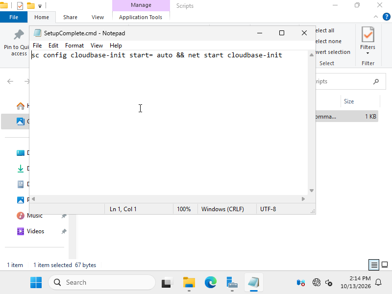SetupComplete.cmd в Блокноте со строкой, которая включает службу cloudbase-init