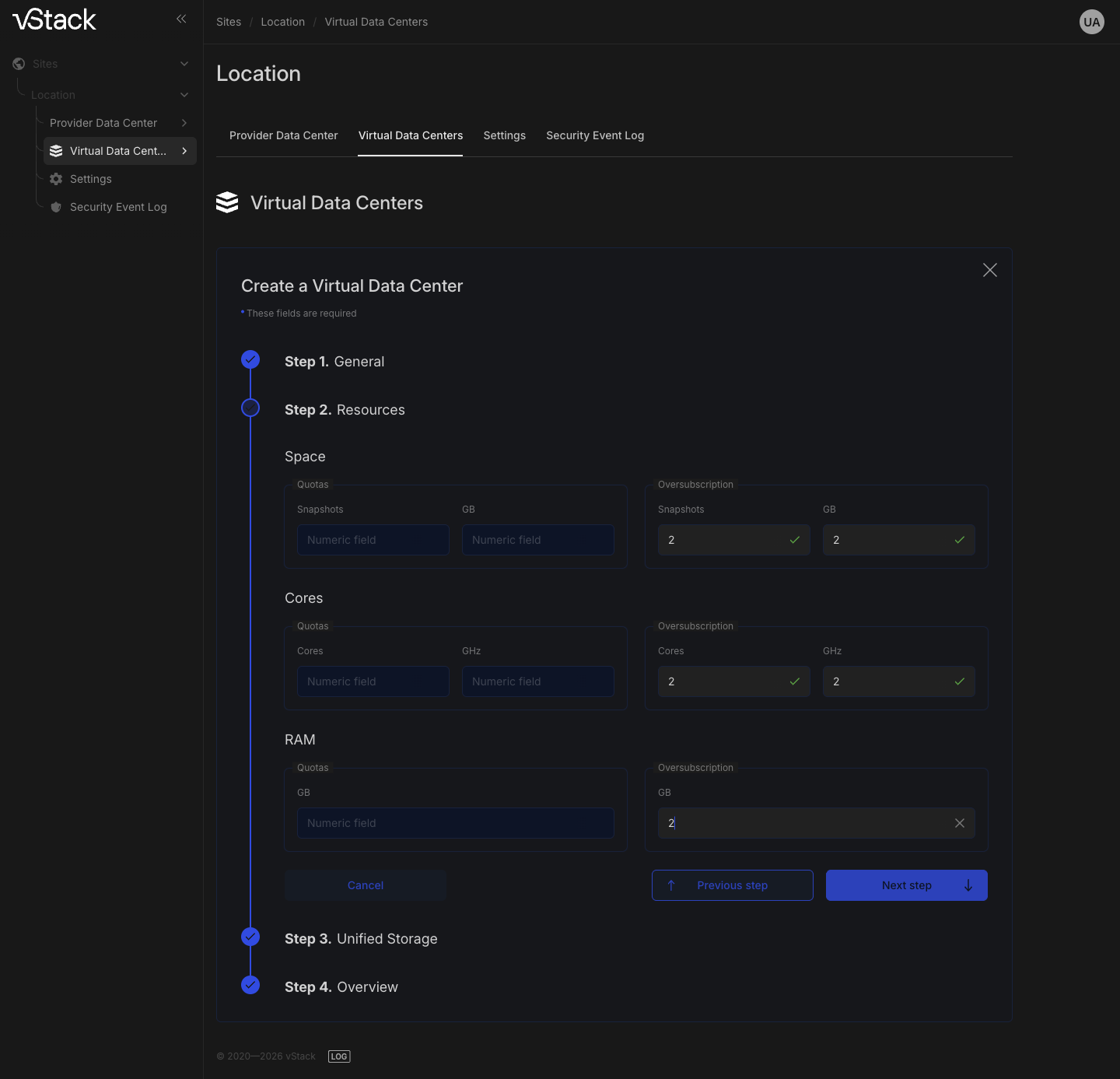 VDC creation wizard: Resources step with quotas and oversubscription factors