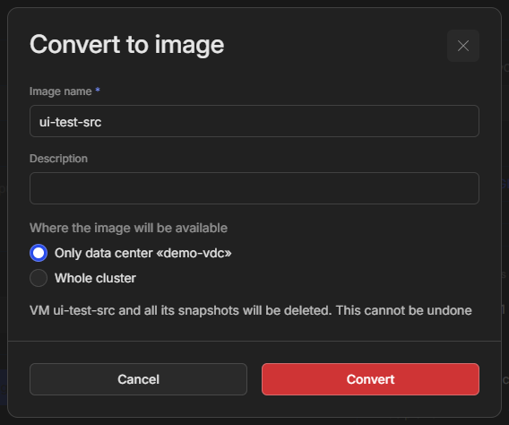 The Convert to image form: image name, description, and Only data center selected
