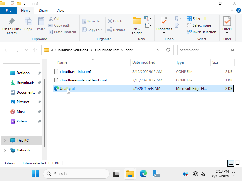 The Cloudbase-Init conf folder with the Unattend file selected