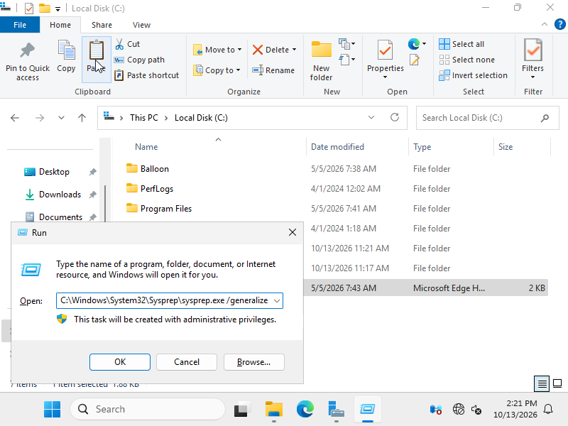 The Run window with the sysprep command line