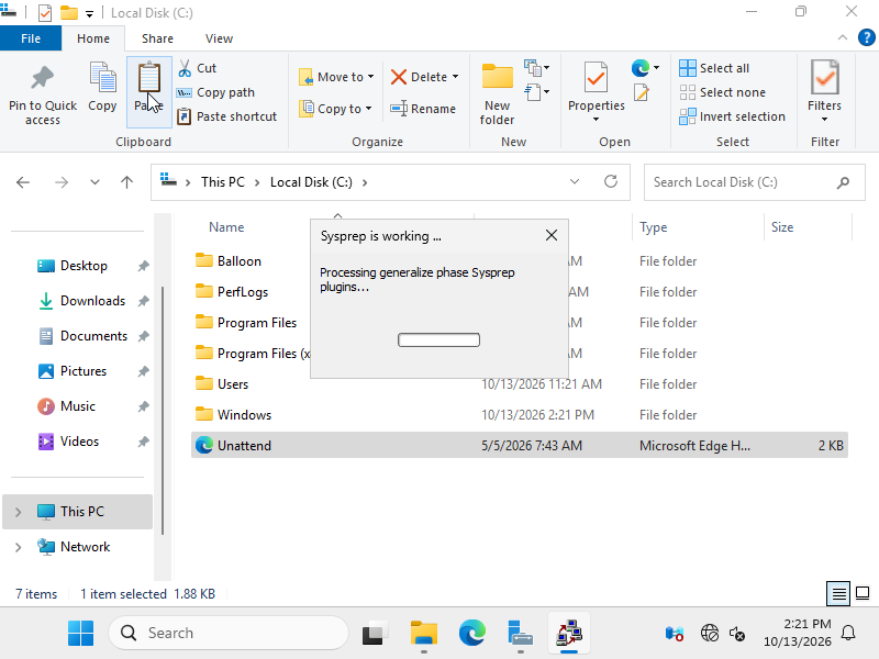 The Sysprep is working window: the generalize phase is running