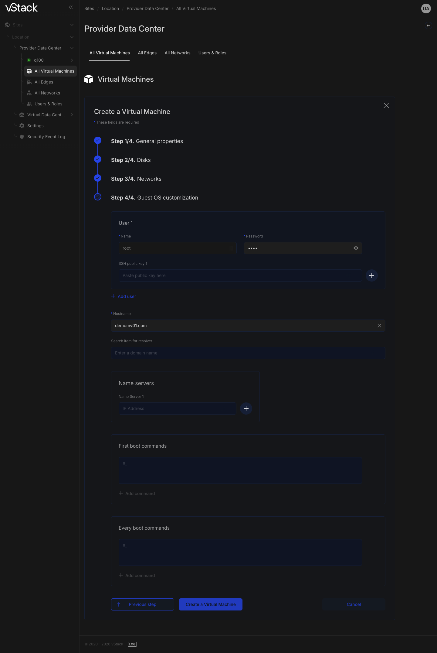 Asistente de creación de VM: paso Guest OS customization con el usuario, el nombre de host, las secciones de DNS y los comandos iniciales