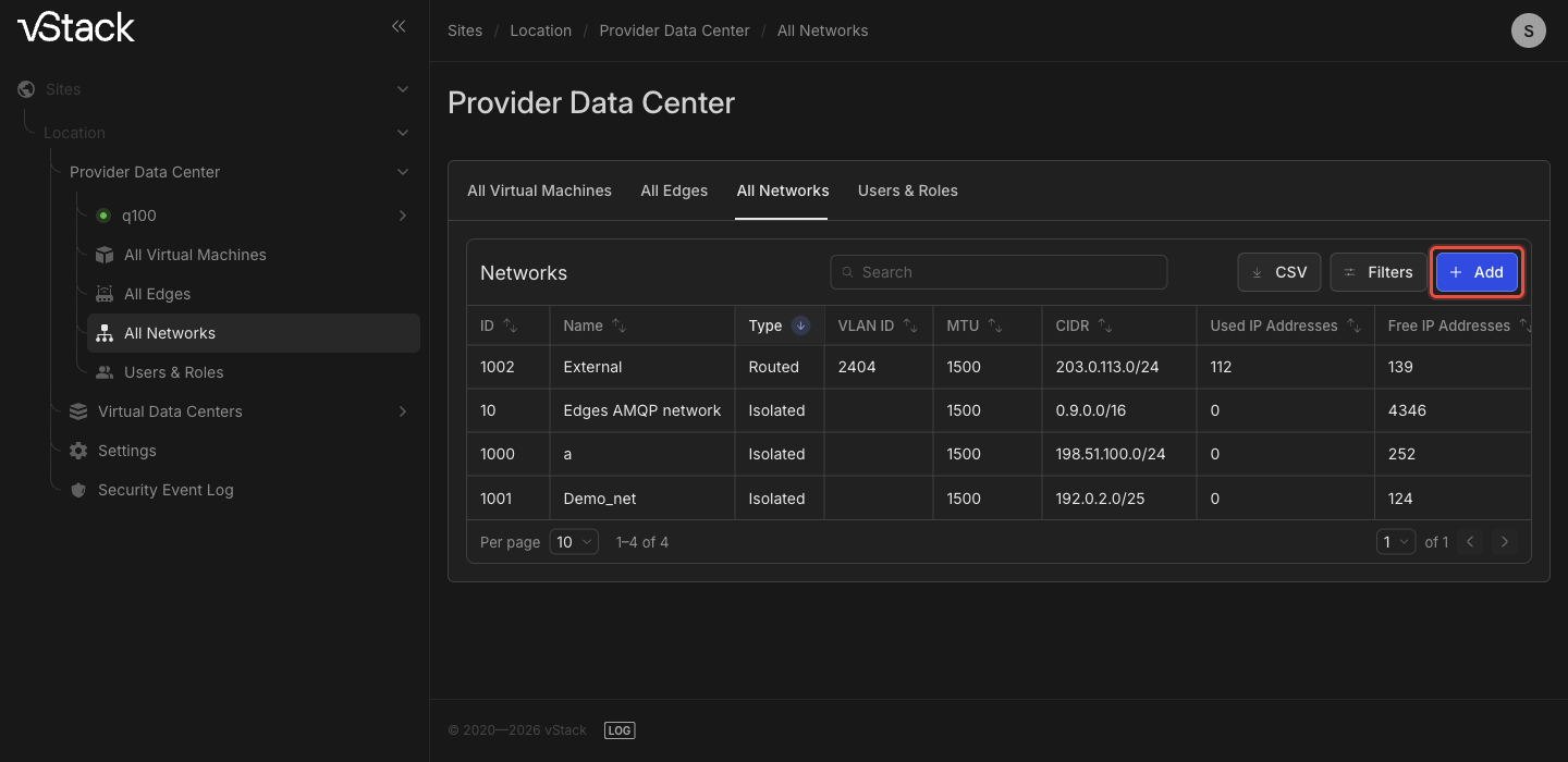 Guia All Networks: o botão Add acima da tabela de redes está destacado em vermelho, com CSV e Filters ao lado