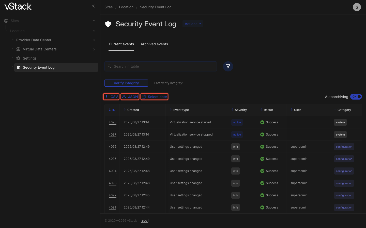 A guia Current events do log de segurança: os botões Select date, CSV e JSON acima da tabela de eventos estão circulados em vermelho
