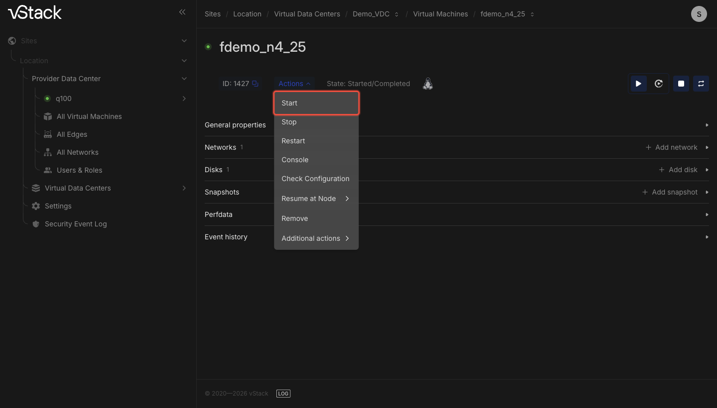 Cartão da VM com o menu Actions aberto: Start está destacado em vermelho, seguido de Stop, Restart, Console, Check Configuration, Resume at Node, Remove e Additional actions